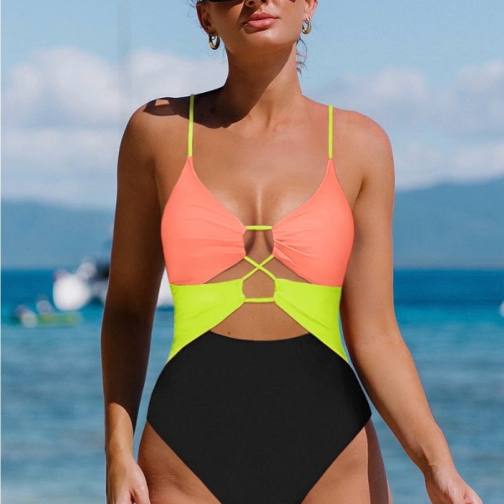 Popvil Color Block Strappy Cutout one piece swimsuit
